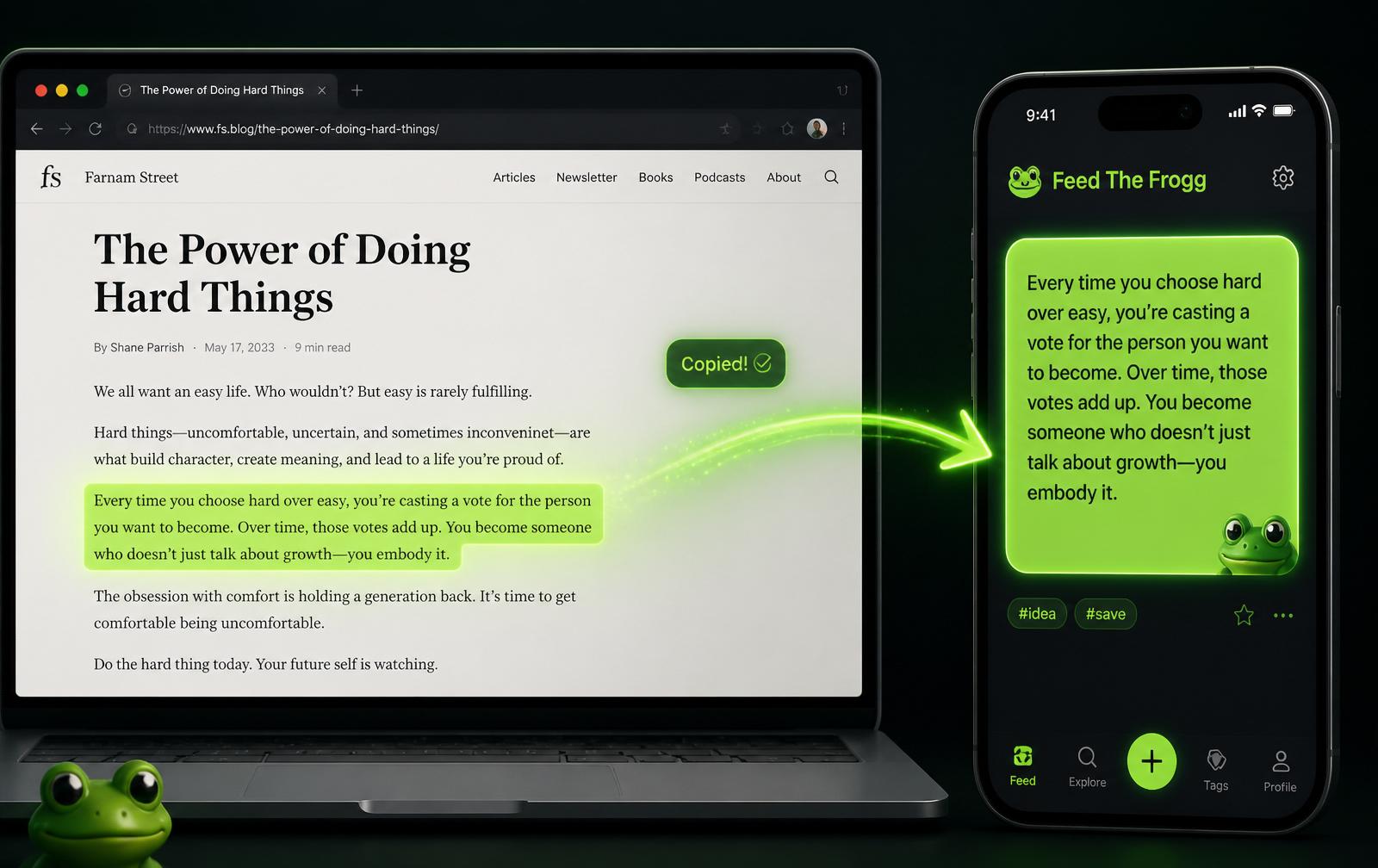 Copying a highlighted paragraph from a webpage straight into the Feed The Frogg mobile app