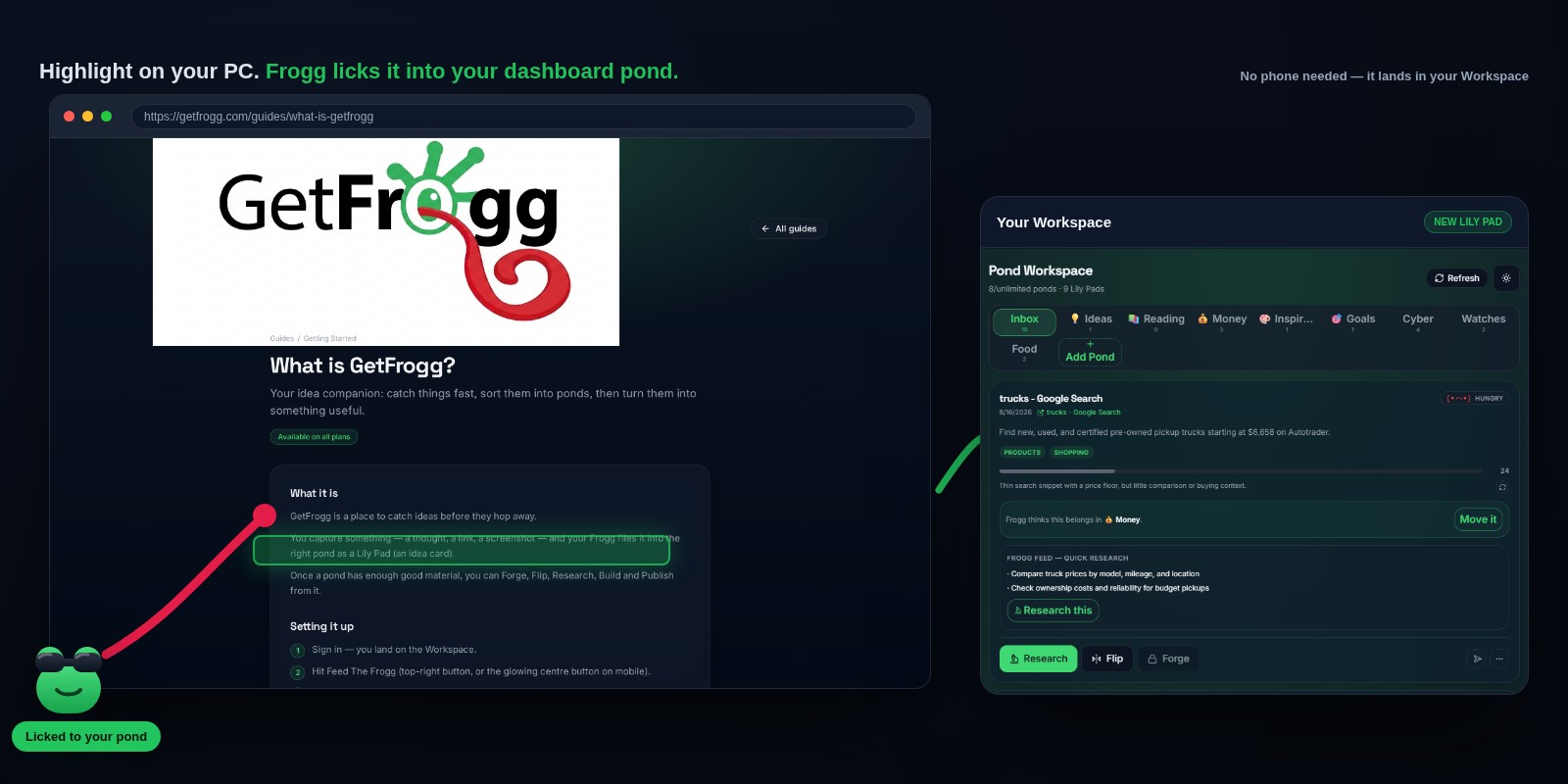 Highlighting text on getfrogg.com with the browser extension: the sunglasses Frogg licks it straight into the Ideas pond on your dashboard